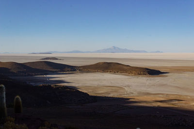 Scenic view of desert against clear blue sky