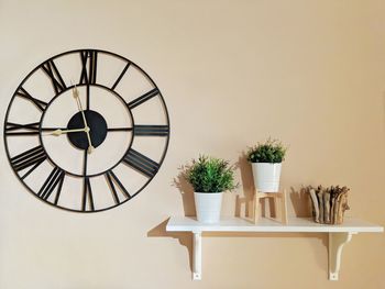 Potted plants on table against wall at home