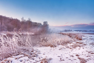 Scenic view of snow covered landscape against sky