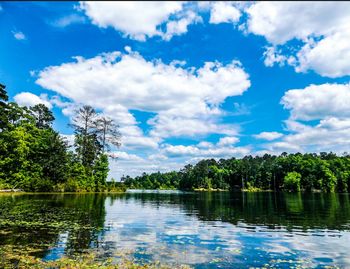 Scenic view of lake against cloudy sky