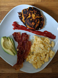 High angle view of breakfast served on table