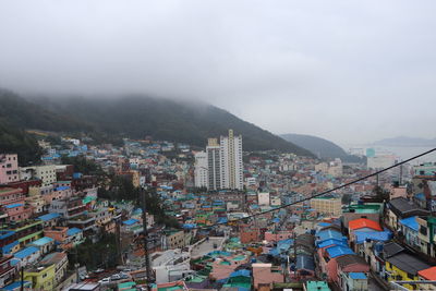 High angle view of buildings in city against sky