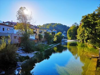 Scenic view of lake by building against clear blue sky