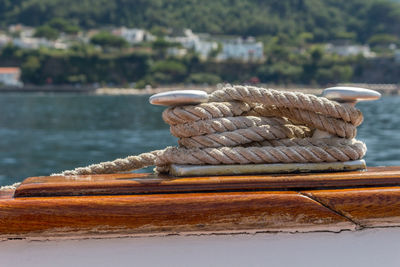 Close-up of rope tied on boat