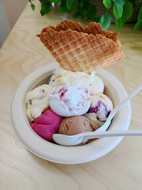 High angle view of ice cream on table