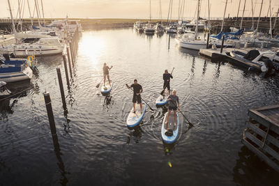 High angle view of men and women rowing paddleboard in sea at harbor