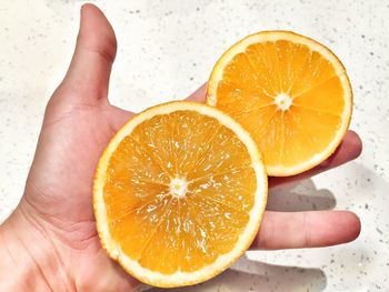 Cropped image of person holding sliced orange