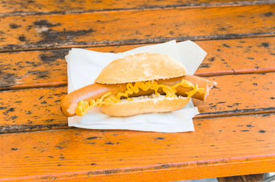 High angle view of hot dog on table