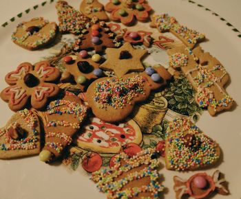 High angle view of cookies on table