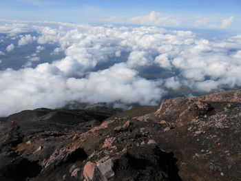 Aerial view of volcanic landscape against sky