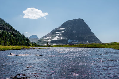 Scenic view of lake and mountains against sky