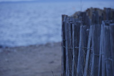 Close-up of wooden posts on beach