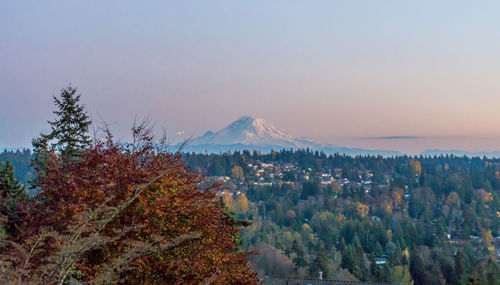 Scenic view of snowcapped mountains against sky during sunset