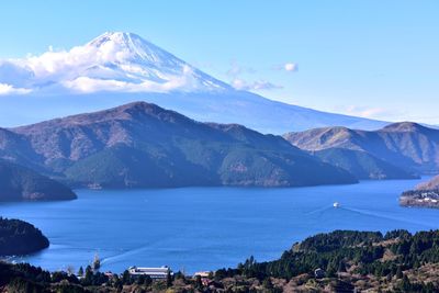 Scenic shot of calm lake against mountain range