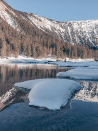 Frozen lake by mountains against sky