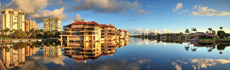 Panoramic view of buildings and lake against cloudy sky
