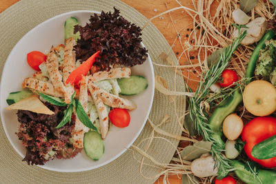 High angle view of salad in bowl on table