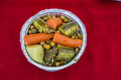 High angle view of salad in bowl on table