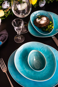 High angle view of food served on table