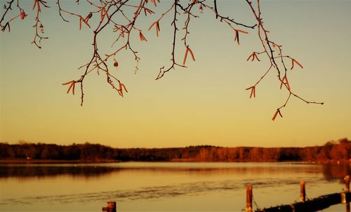 Scenic view of lake against clear sky at sunset