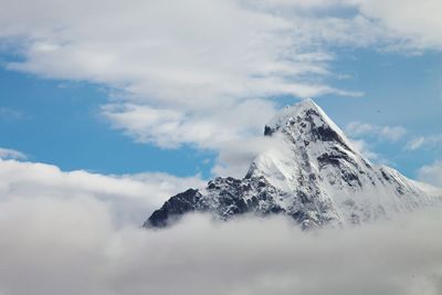 Low angle view of snowcapped mountains against sky