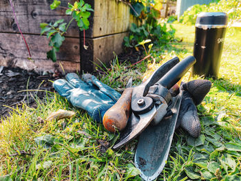 Gardening tools on the grass