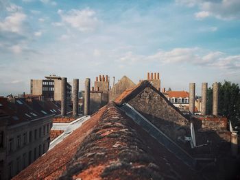 High angle view of buildings against sky