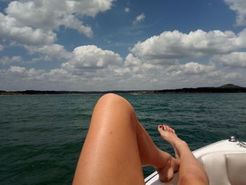 Sunbathing on a boat canyon lake, tx