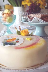 Close-up of cake served on table