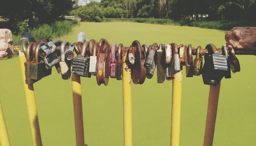 Close-up of padlocks hanging on metal fence