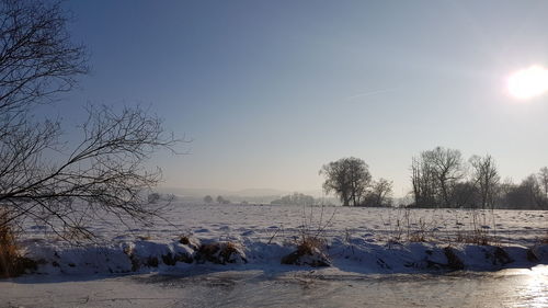 Scenic view of snow field against clear sky