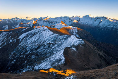 Scenic view of snowcapped mountains against sky during winter