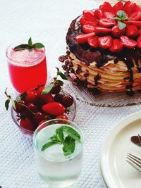 Close-up of strawberries and drink on table