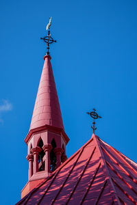 Low angle view of weather building against blue sky