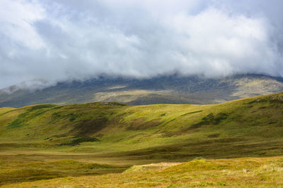 Scenic view of field against cloudy sky