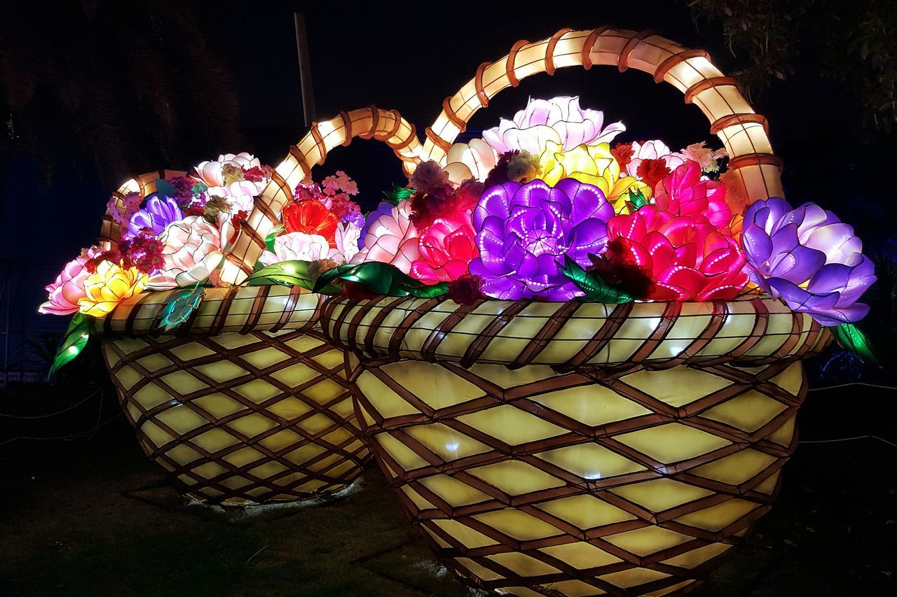 flower, multi colored, night, illuminated, decoration, fragility, no people, pink color, plant, colorful, close-up, petal, nature, dark, glowing