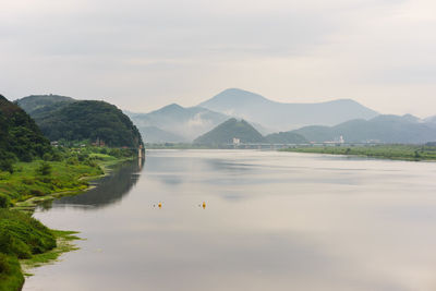 Scenic view of lake and mountains against sky