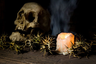 Close-up of human skull against black background