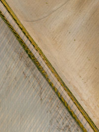 Directly above shot of tire tracks on beach
