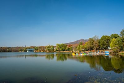 Scenic view of lake against blue sky
