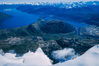 High angle view of snowcapped mountains