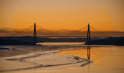 View of suspension bridge at sunset