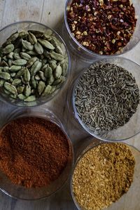 High angle view of spices in container