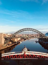 Bridge over river against blue sky in city