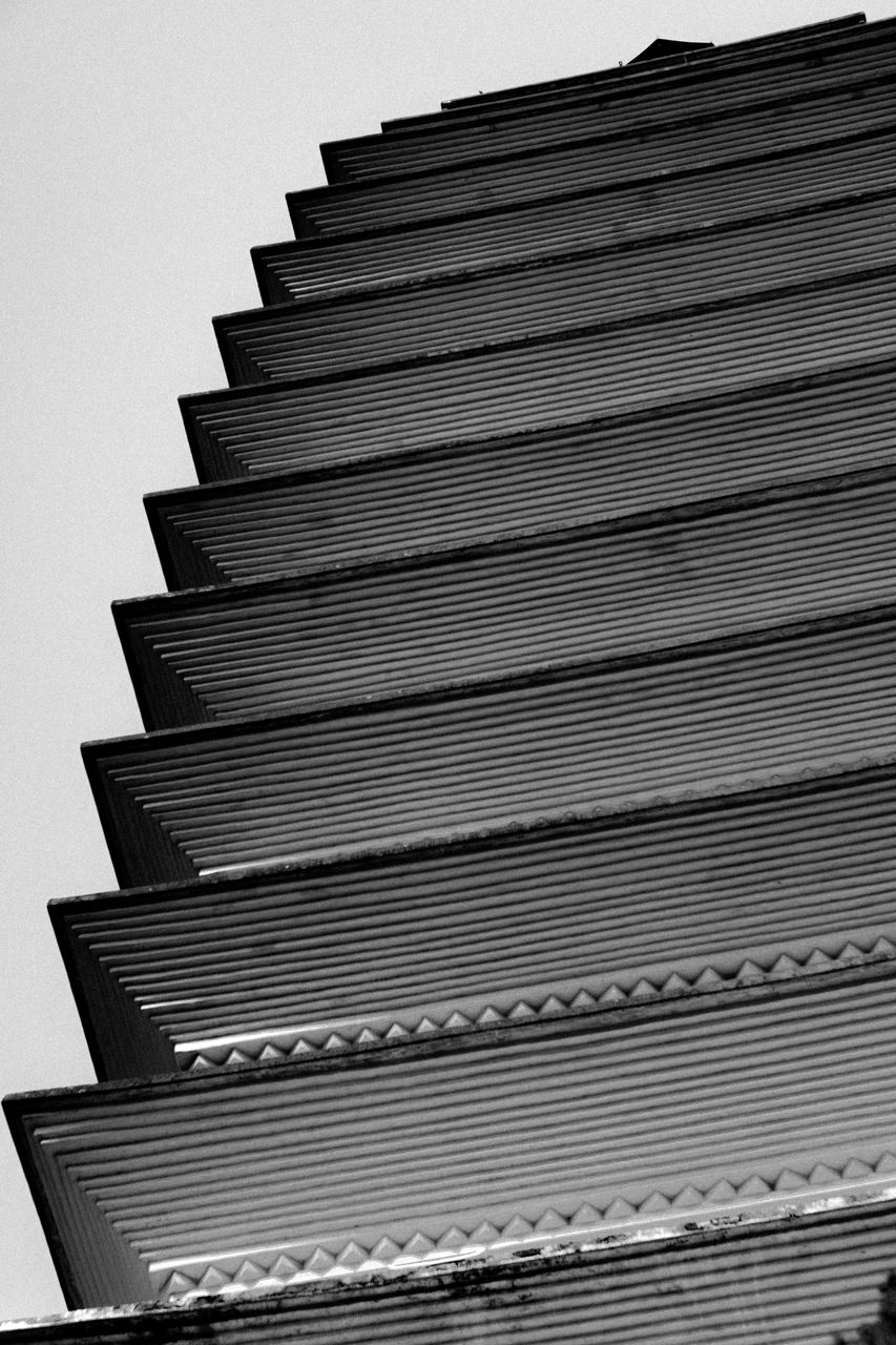 architecture, built structure, low angle view, black, no people, black and white, building exterior, pattern, monochrome, line, staircase, building, monochrome photography, steps and staircases, white, day, repetition, wood, sky, in a row