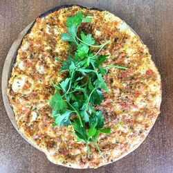 High angle view of pizza on table