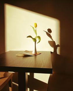 Flower in vase on table against wall at home