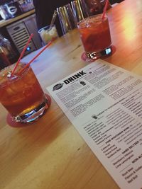 High angle view of beer glass on table