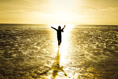 Silhouette person standing on beach against sky during sunset