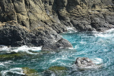 Scenic view of sea against rock formation